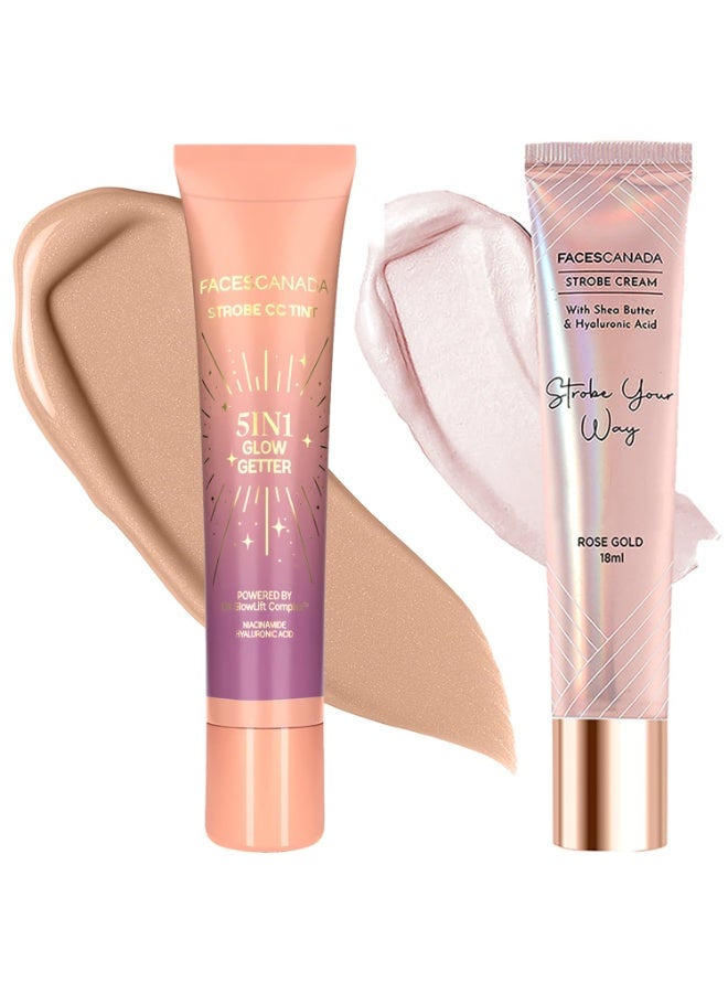 فاسيسكانادا ثنائي تفتيح البشرة من فيس كندا 2 - كريم ستروب - ذهبي وردي، 18 مل + كريم ستروب سي سي تينت صغير - غروب الشمس 02، 18 مل | بشرة ندية متألقة | إشراقة فورية | ترطيب مكثف | للبشرة الفاتحة إلى المتوسطة - Image 1